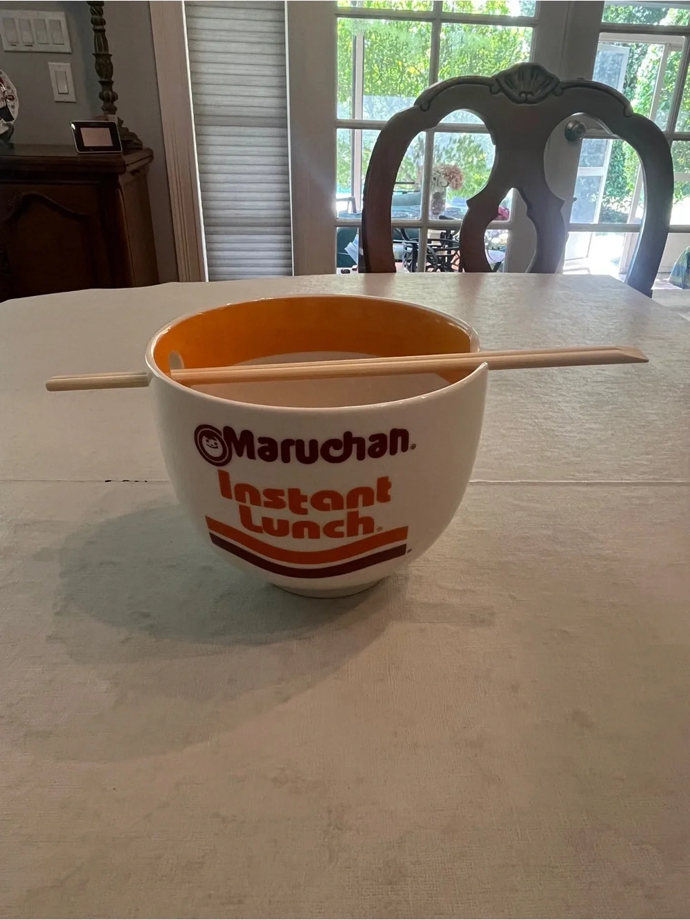 Classic Instant Lunch White & Orange Ceramic Ramen Bowl. W/ chopsticks